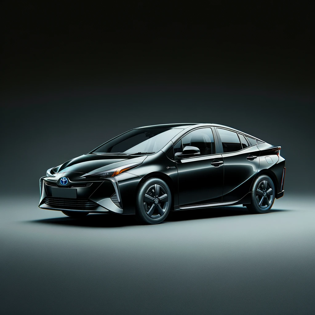 DALL·E 2023-12-29 23.10.53 - An eco-friendly car similar to a Toyota Prius, depicted in all black, showcasing its sleek design and hybrid technology. The car is parked in a minima